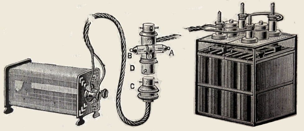 "A NEW AND CONVENIENT piece of apparatus for re-charging accumulators has been placed on the market by Messrs Peto and Radford, of Hatton Garden, EC. In the illustration the adapter, D, is to the lamp holder and the lamp is then attached to the adapter. The two wires are then placed one at each end of the pole finder, A-B, when the colouration of the liquid at one end will show which is the negative wire. The wires can then be attached to the terminals of the accumulator for the purpose of re-charging the latter. For charging large batteries, where the ordinary 16 candle-power lamp does not pass enough current, the resistance frame shown can be used in place of the lamp by means of the connection, C, and the process of re-charging will be greatly accelerated. The price of the adapter and pole finder, which is all that is necessary for, charging motor-bicycle batteries from the lighting current, is l0s 6d. The resistance frame costs £20s 6d."