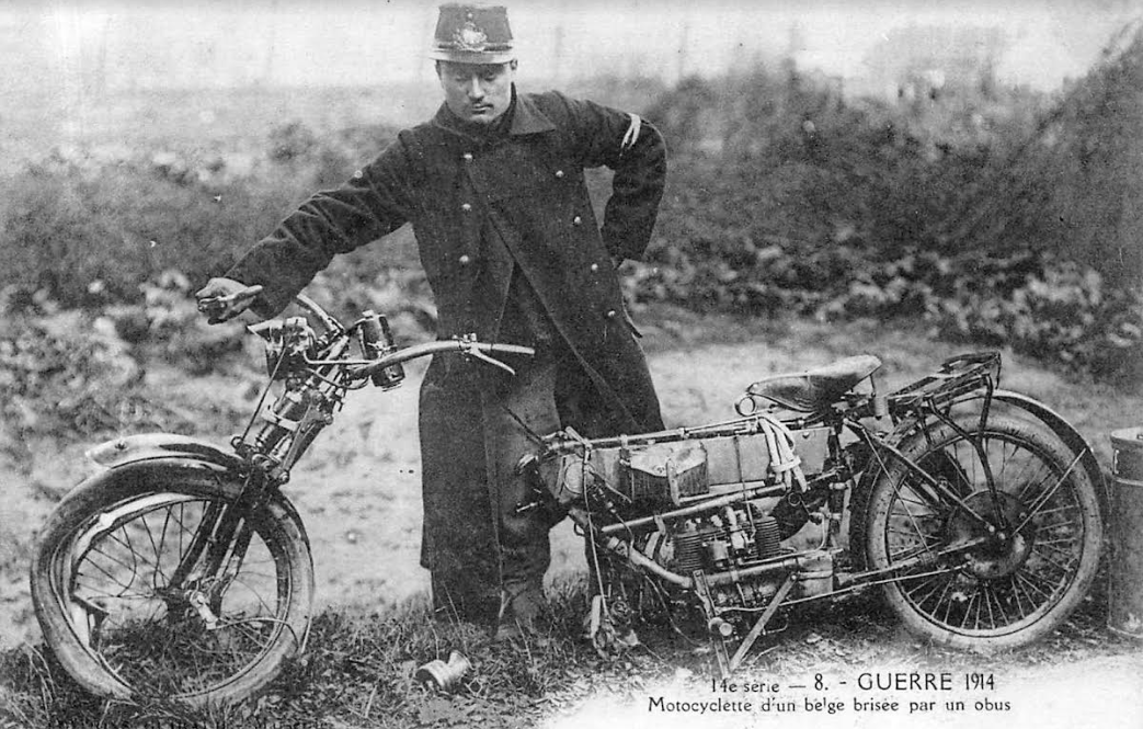 1914 A Belgian's motorcycle broken by a shell