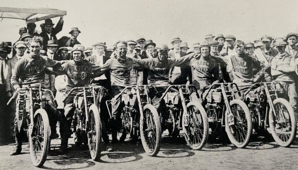 1920s HARLEY RACE TEAM AT END OF RACE