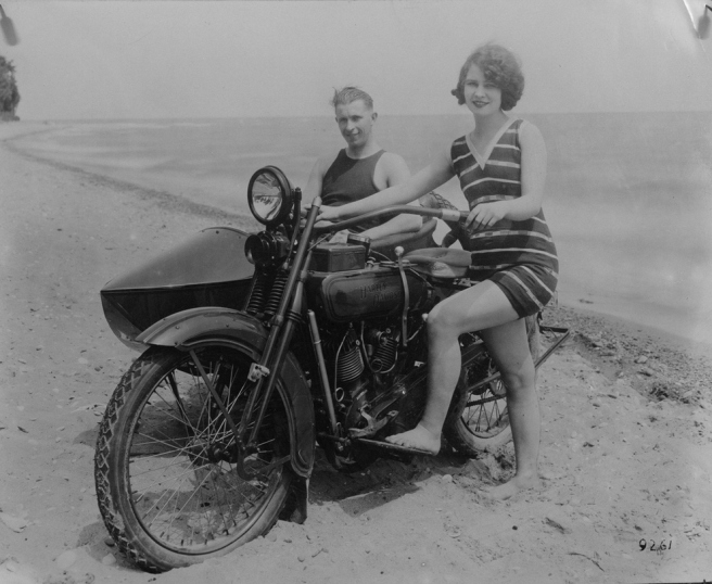 HARLEY COUPLE ON BEACH 1925